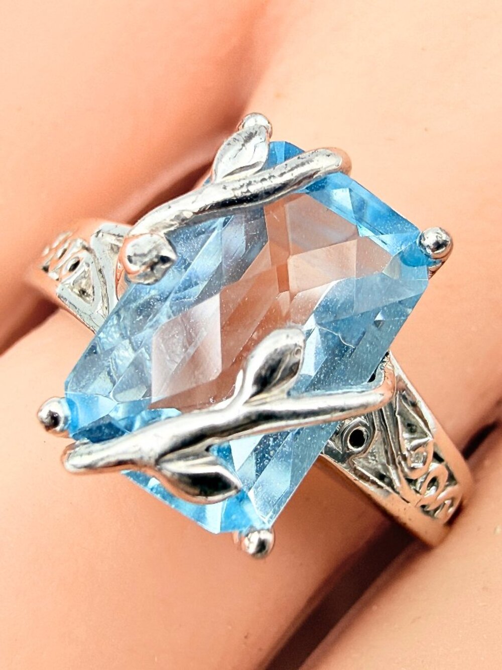Art Nouveau Revival Marked Sterling Silver  Blue Lab Sapphire Rectangle Ring Sz9
